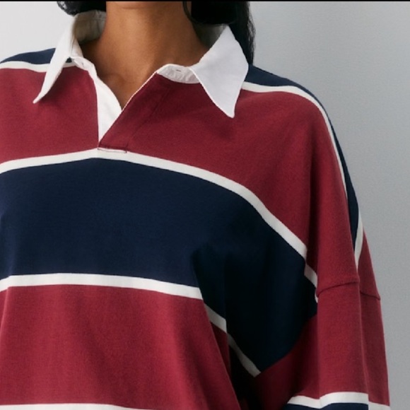 Aritzia Lomu Polo Long Sleeve Striped Top - Cordovan /Admiral size XL - Picture 8 of 11